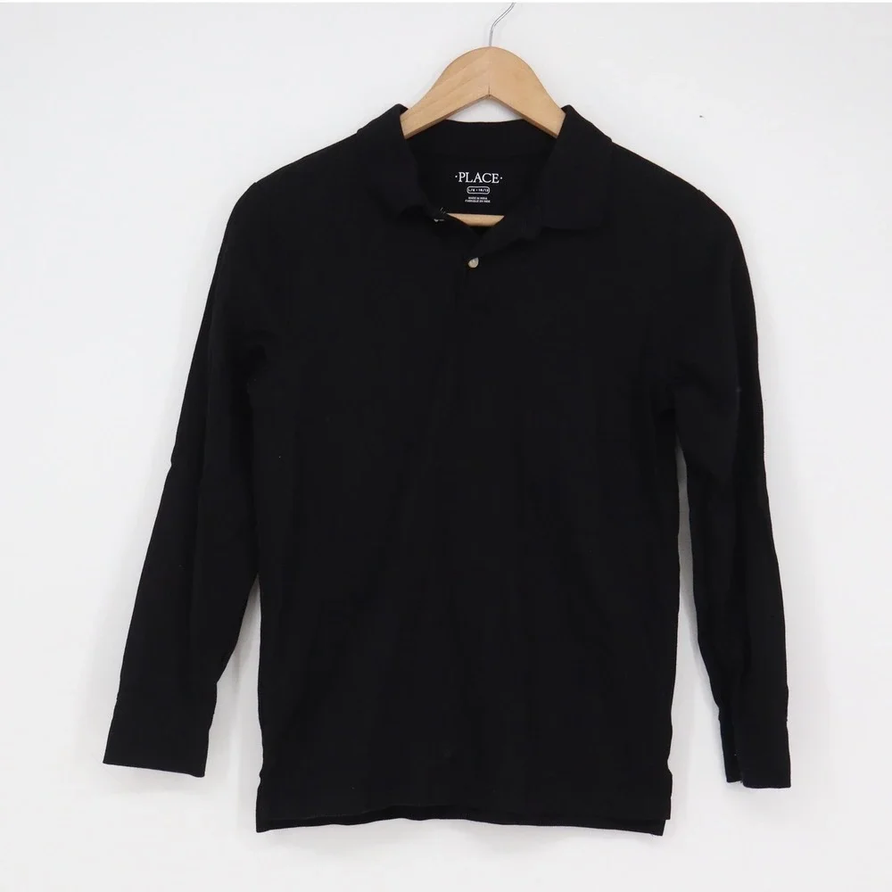 The Children's Place Boys Black Long Sleeve Polo Shirt Size L 10/12 Cotton
